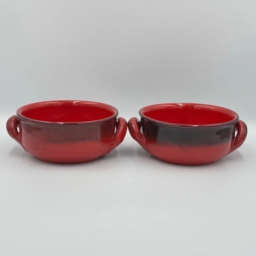 Vintage De Silva Red/Black Ombre' Glazed Ceramic Bowls w/Handles Made in Italy